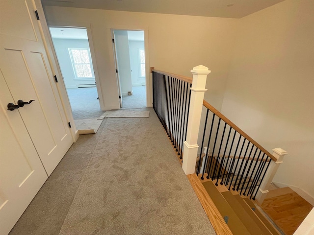 corridor featuring light colored carpet