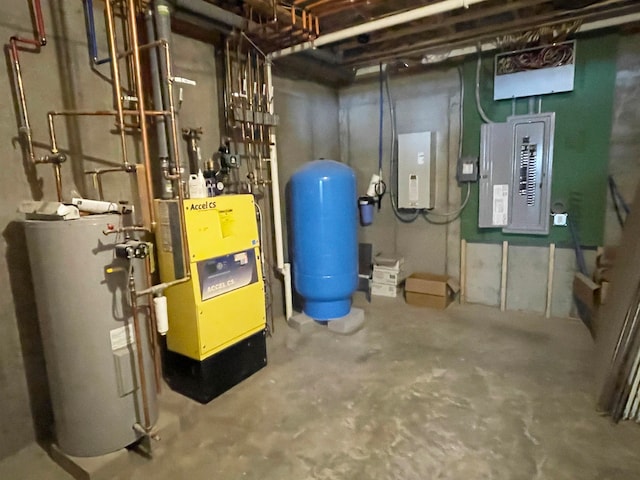 utility room with electric panel and water heater