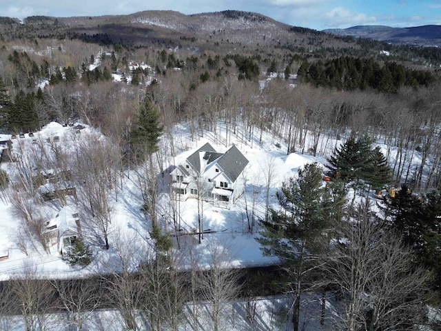 snowy aerial view with a mountain view