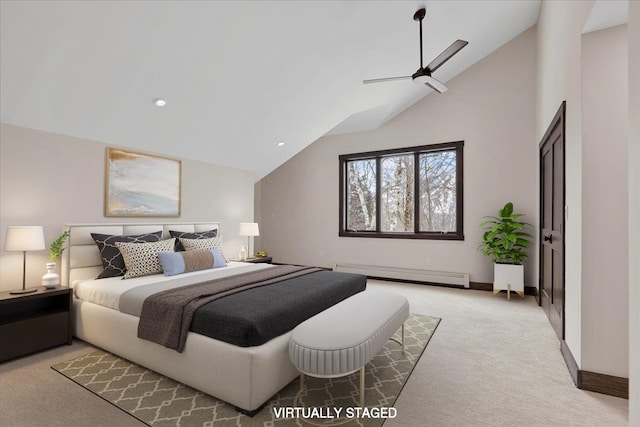 carpeted bedroom featuring ceiling fan, high vaulted ceiling, and a baseboard heating unit