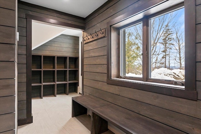 mudroom featuring a healthy amount of sunlight and wooden walls