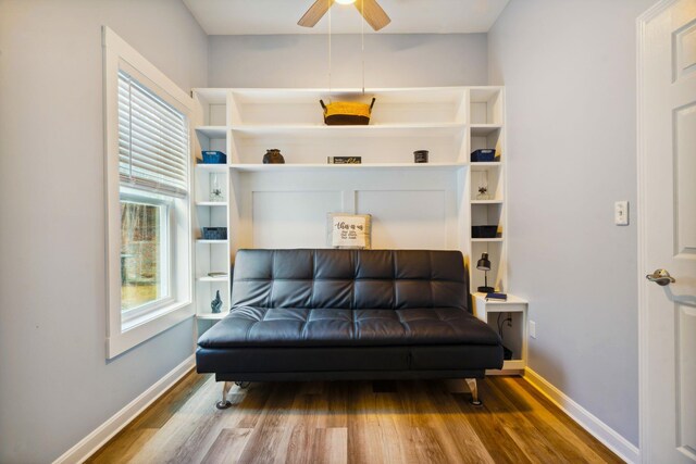 bedroom with wood-type flooring and ceiling fan