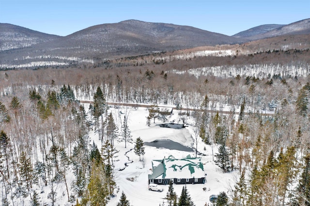 snowy aerial view featuring a mountain view