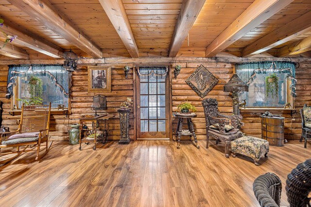 sitting room featuring beam ceiling, log walls, wood ceiling, and light hardwood / wood-style floors