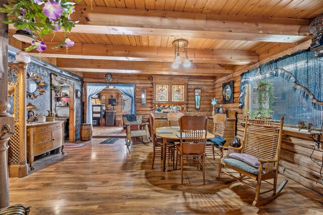 dining space featuring beam ceiling, wooden ceiling, rustic walls, and wood-type flooring