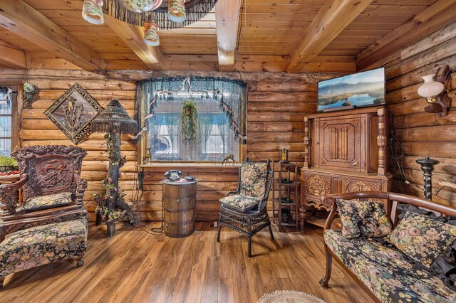 living area featuring beam ceiling, wood ceiling, log walls, and dark hardwood / wood-style floors