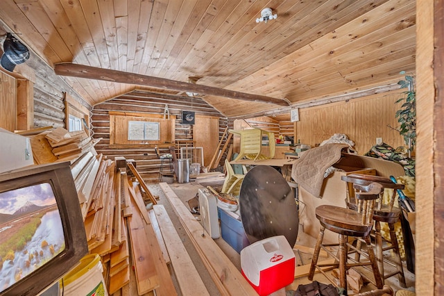 interior space with rustic walls, wooden ceiling, and vaulted ceiling with beams