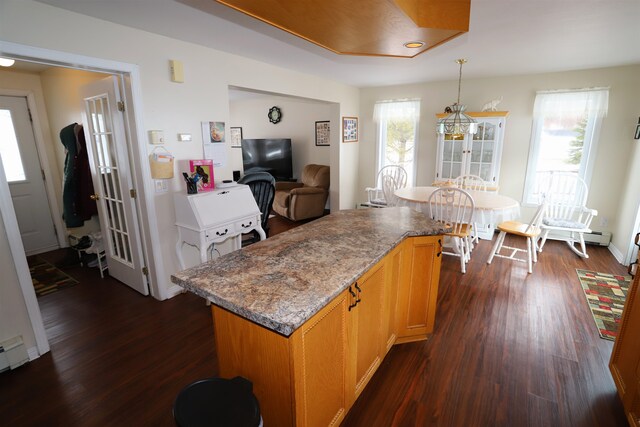 kitchen featuring a healthy amount of sunlight, a kitchen island, dark wood-type flooring, and pendant lighting