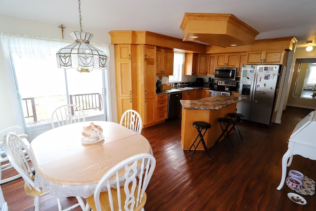 kitchen featuring sink, appliances with stainless steel finishes, dark hardwood / wood-style floors, a center island, and decorative light fixtures