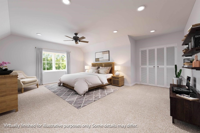 bedroom featuring carpet flooring, ceiling fan, and lofted ceiling