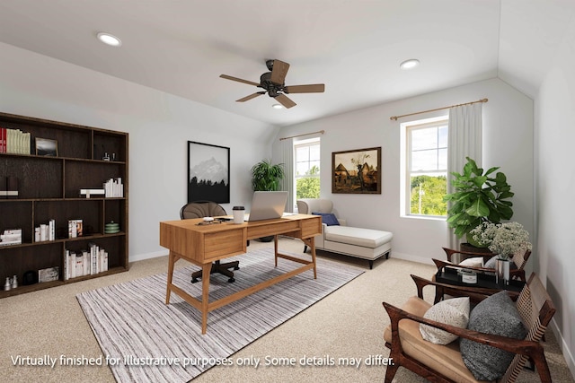 carpeted office space with ceiling fan and lofted ceiling