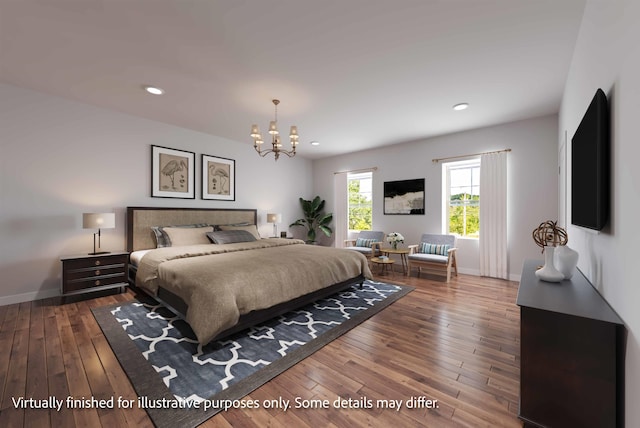 bedroom featuring dark hardwood / wood-style flooring and an inviting chandelier