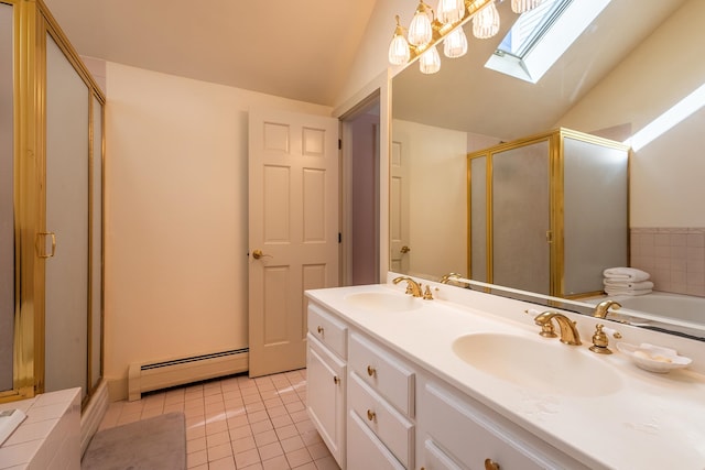 bathroom featuring a baseboard heating unit, tile patterned floors, an enclosed shower, vaulted ceiling with skylight, and vanity