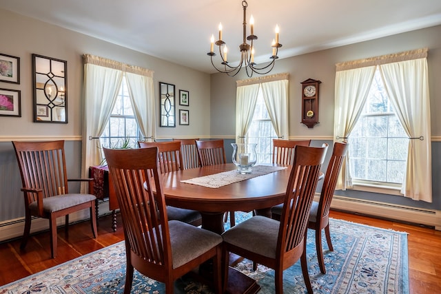 dining space with a chandelier, hardwood / wood-style floors, and plenty of natural light