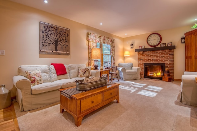 living room with light hardwood / wood-style floors and a brick fireplace