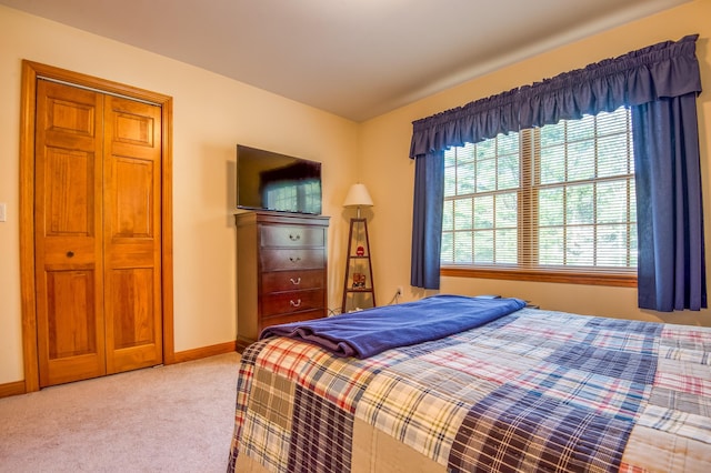 carpeted bedroom with a closet