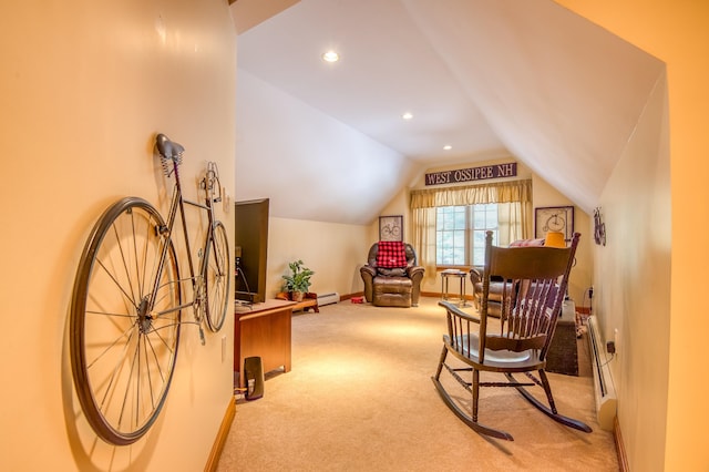 living area featuring light colored carpet and vaulted ceiling