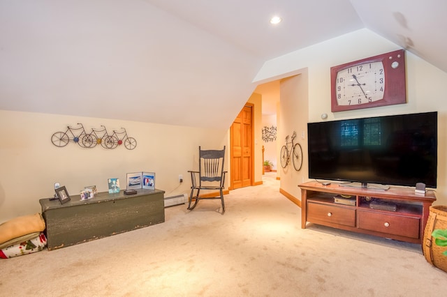 living room featuring light colored carpet, vaulted ceiling, and a baseboard radiator