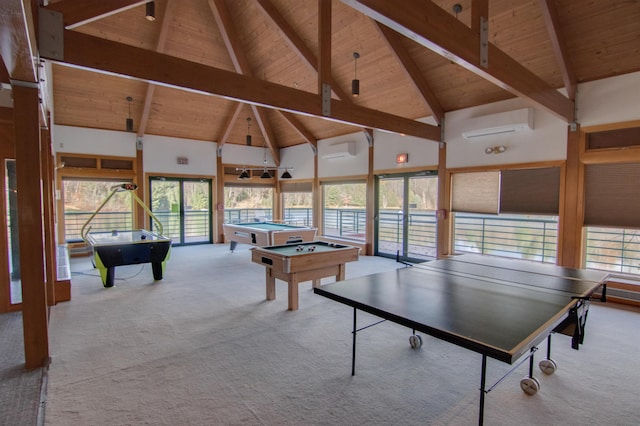 rec room with beam ceiling, light carpet, high vaulted ceiling, and billiards