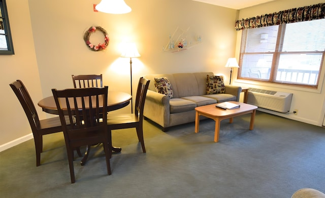 living room with dark colored carpet