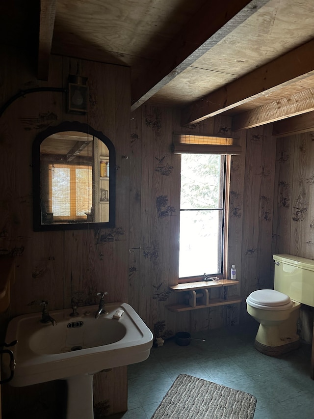 bathroom featuring wood walls, a sink, and toilet