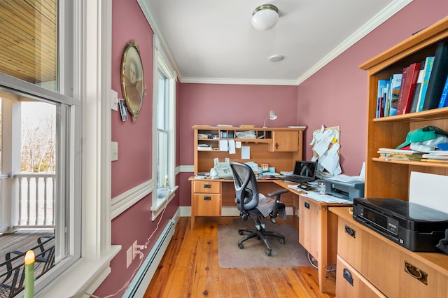 office featuring crown molding and light wood-type flooring