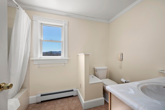full bathroom with crown molding, tile floors, toilet, baseboard heating, and shower / bathtub combination with curtain