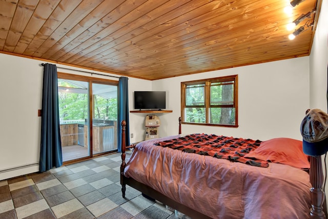 tiled bedroom with a baseboard radiator, access to outside, and wooden ceiling