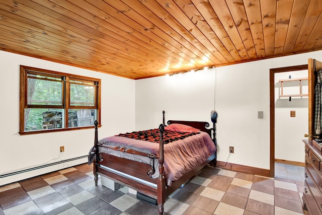 tiled bedroom with wooden ceiling and baseboard heating