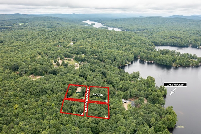 drone / aerial view featuring a water and mountain view