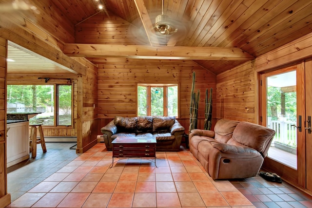 tiled living room with wooden walls, baseboard heating, lofted ceiling with beams, and wooden ceiling