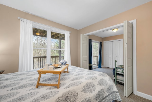 carpeted bedroom featuring a closet, multiple windows, and access to exterior