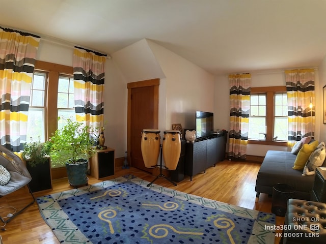 living room with a healthy amount of sunlight and hardwood / wood-style flooring