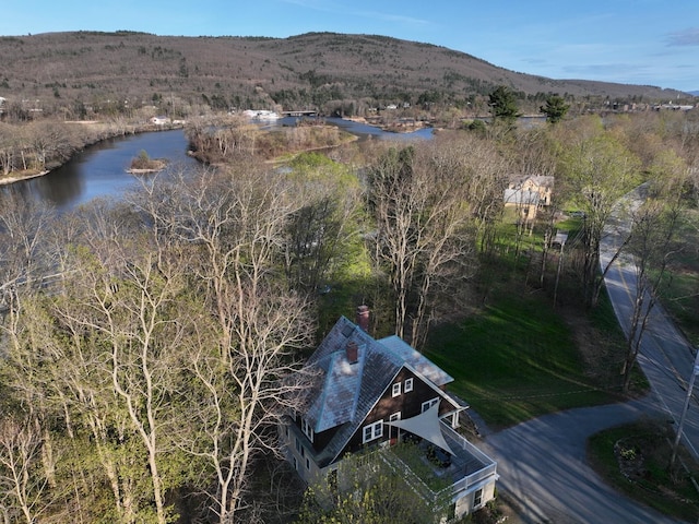 birds eye view of property with a water and mountain view