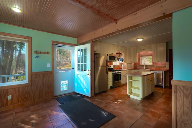 kitchen with a wainscoted wall, a sink, a kitchen island, stainless steel appliances, and wooden walls