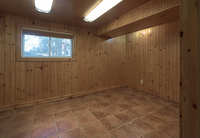 empty room with wood ceiling and wood walls