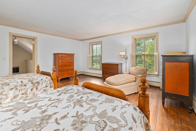 bedroom with a baseboard radiator, crown molding, and hardwood / wood-style flooring