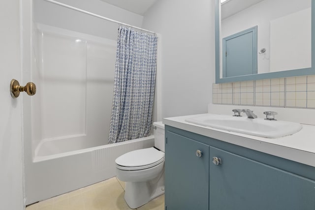 full bathroom with shower / tub combo, tile floors, oversized vanity, tasteful backsplash, and toilet