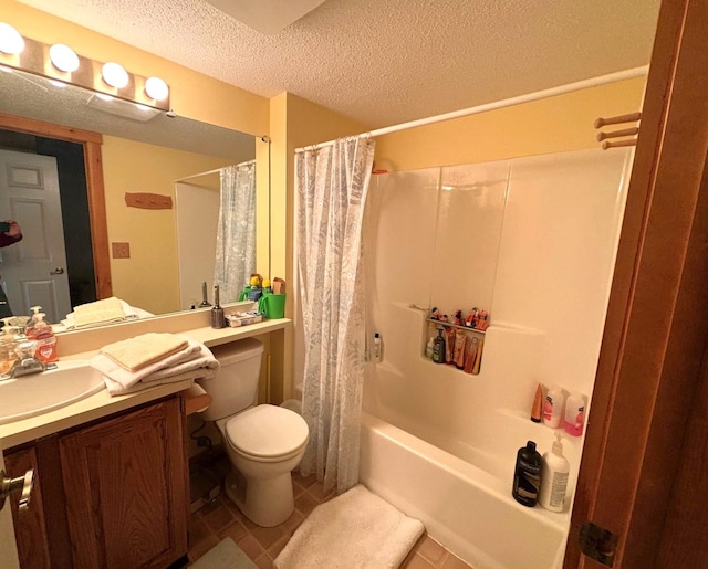 full bathroom with tile patterned floors, toilet, shower / bath combination with curtain, vanity, and a textured ceiling