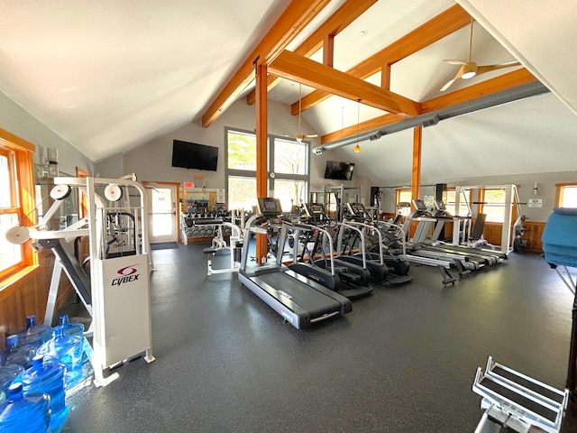 gym featuring high vaulted ceiling, plenty of natural light, and ceiling fan