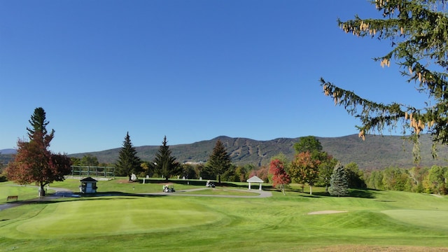 view of community featuring a mountain view and a lawn