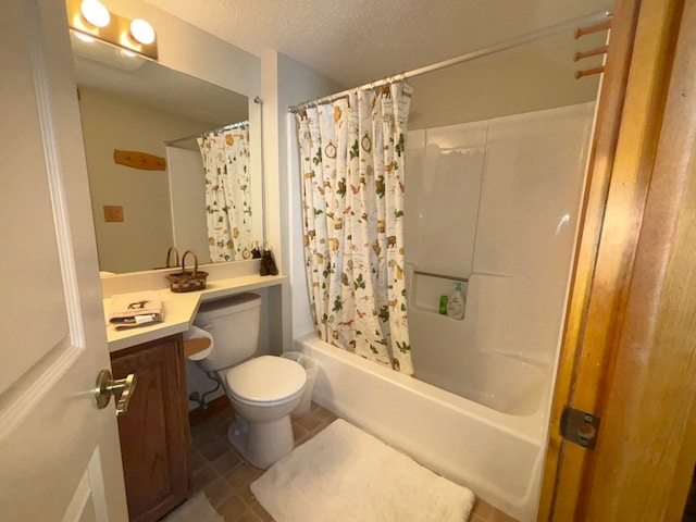 full bathroom with a textured ceiling, toilet, vanity, shower / tub combo with curtain, and tile patterned flooring