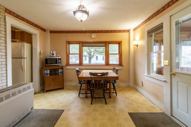 dining space featuring heating unit and a textured ceiling