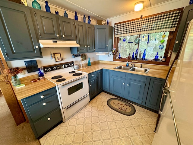 kitchen featuring ornamental molding, sink, light tile flooring, and electric range