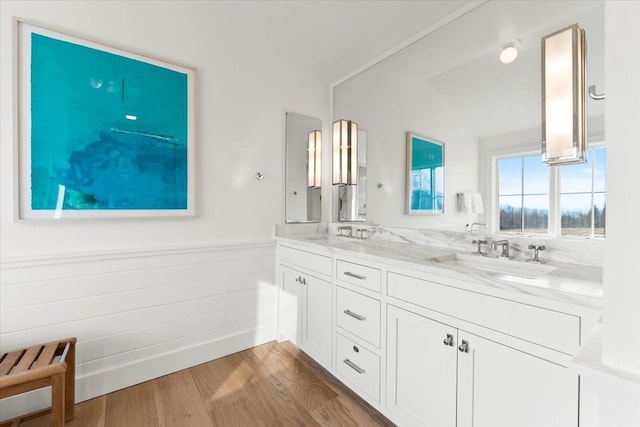 bathroom with double vanity, a wainscoted wall, wood finished floors, and a sink