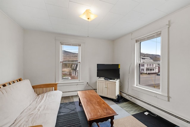 living room featuring a healthy amount of sunlight and a baseboard radiator