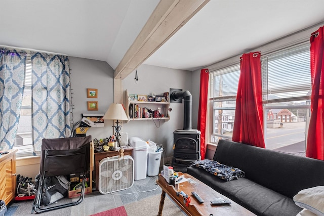 living room with a wood stove and carpet