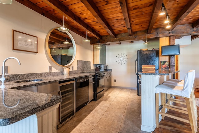 kitchen with beamed ceiling, wooden ceiling, wine cooler, and pendant lighting