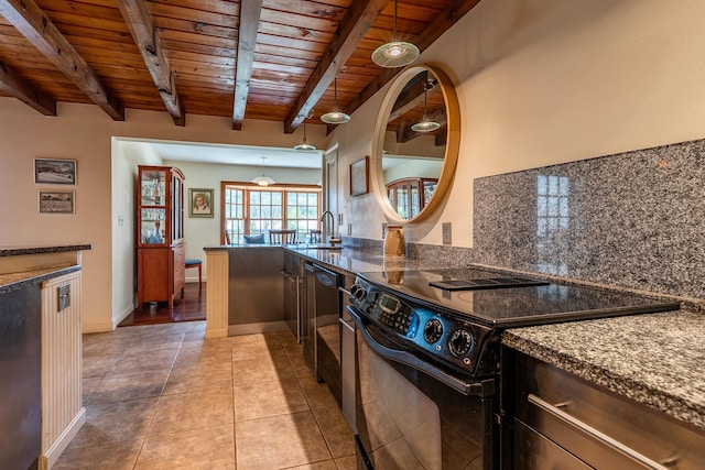 kitchen with tasteful backsplash, decorative light fixtures, light tile flooring, black appliances, and wood ceiling