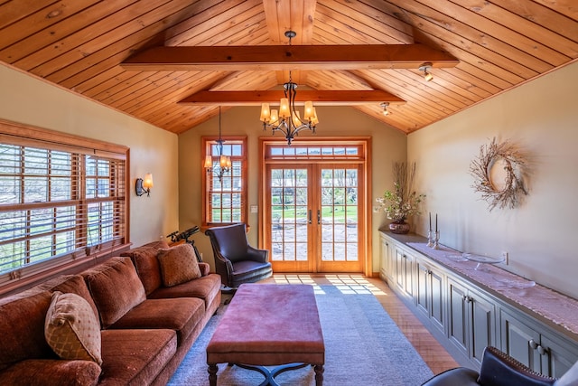 living room featuring wooden ceiling, french doors, vaulted ceiling with beams, and an inviting chandelier